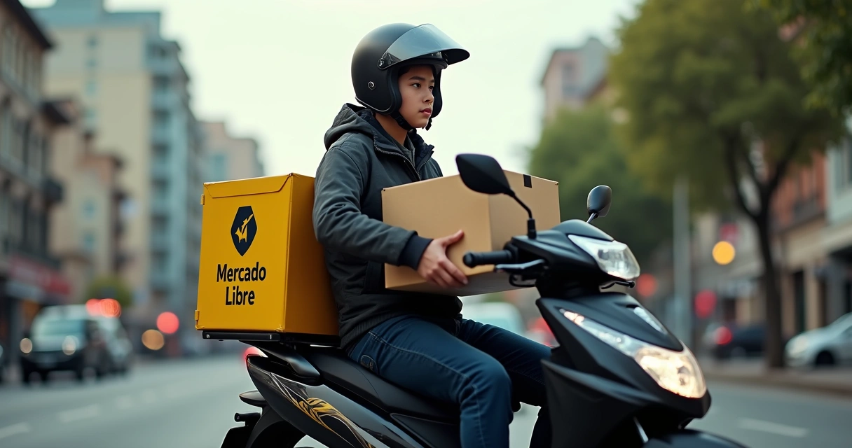 Motoboy com caixa de entrega na moto, prédio comercial contemporâneo ao fundo 