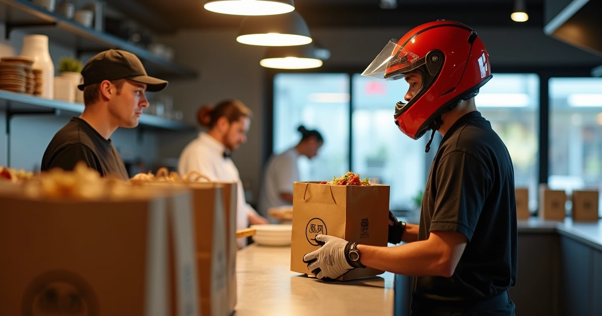 Motoboy retirando pedido em restaurante para entrega própria