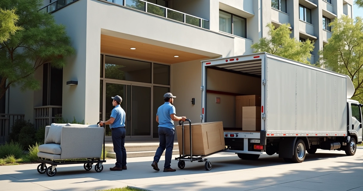 Caminhão de entrega descarregando móveis em prédio residencial 