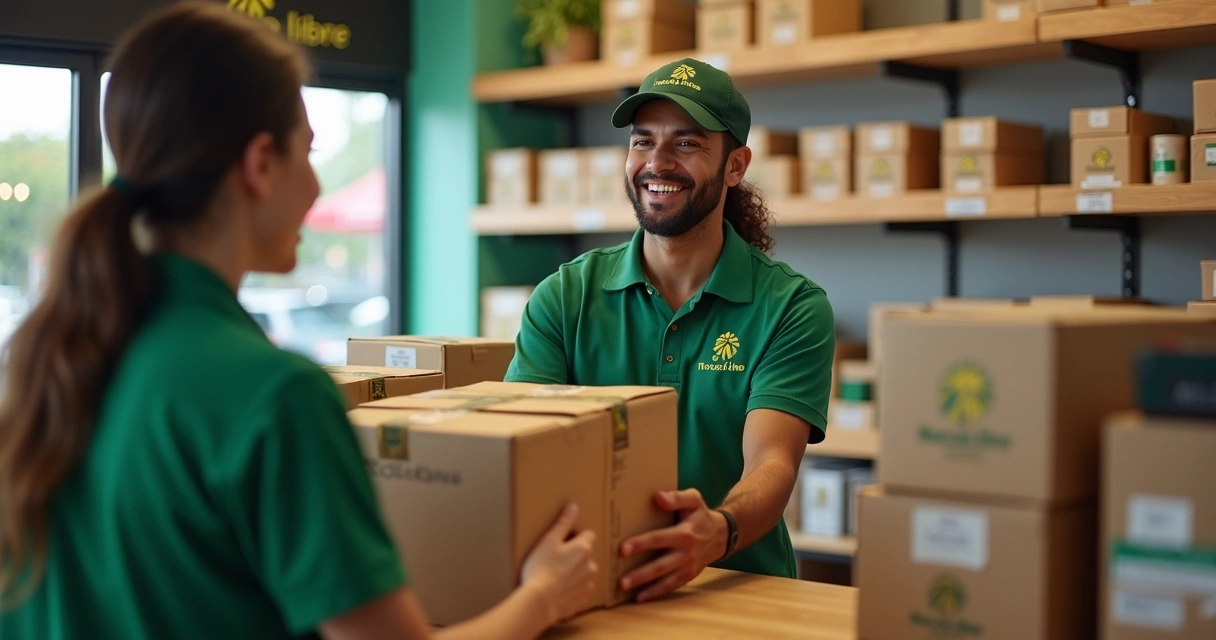 Atendente entregando pacote para cliente em ponto de coleta 