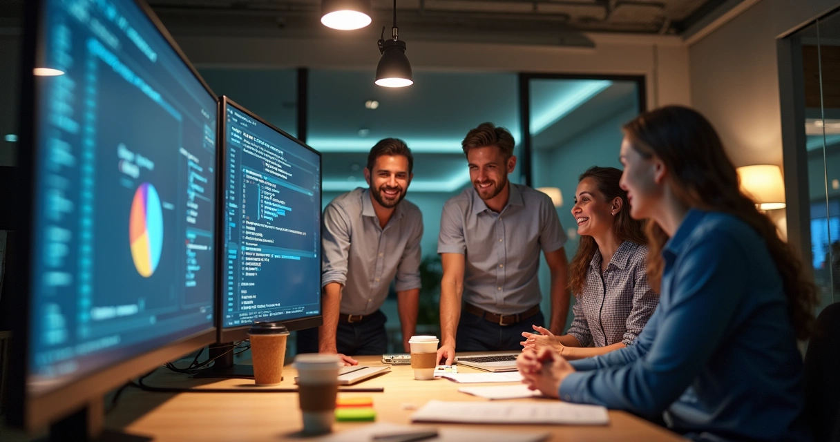 Equipe validando entrega parcial de sistema em tela grande.