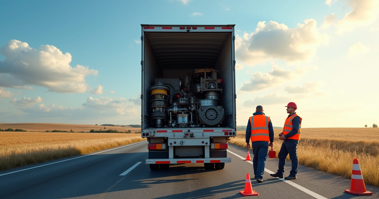 Caminhão entregando peças para manutenção na estrada 