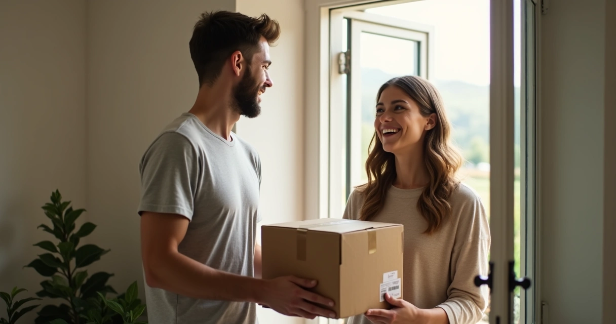 Consumidor recebendo pedido de entrega em casa