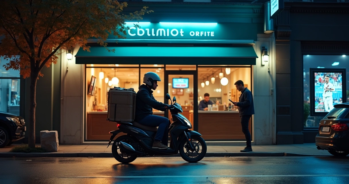 Motociclista saindo para entregas em noite de jogo 