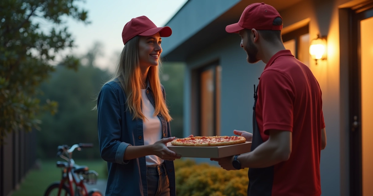 Entregador de pizza entregando caixa para cliente em porta de casa 
