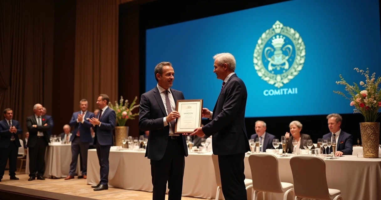 Entrega de placa de homenagem a diretoria em evento corporativo sofisticado