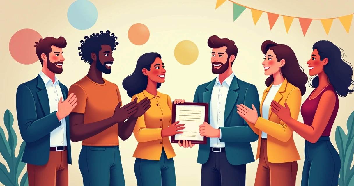 Entrega de placa de homenagem a equipe reunida em sala. 