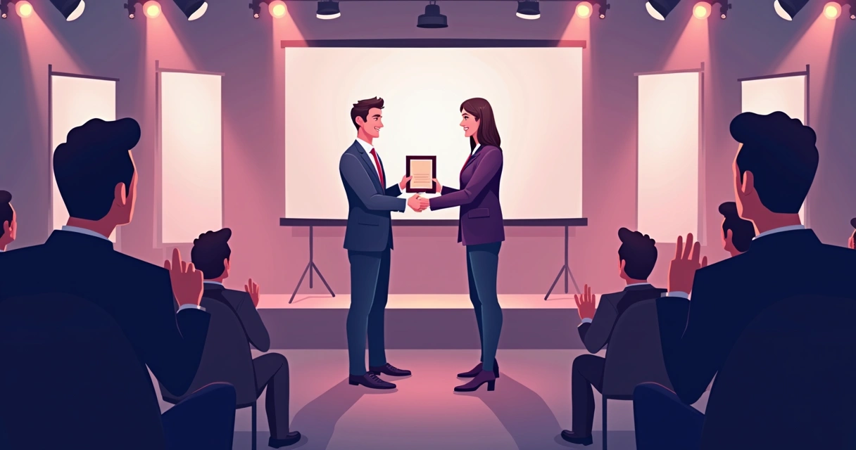 Gestor corporativo entregando placa de homenagem em evento 