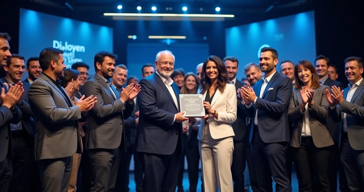 Equipe de tecnologia recebendo placa de homenagem em evento corporativo 