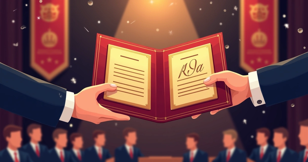 Entrega de placa de reconhecimento em pasta de veludo durante evento 