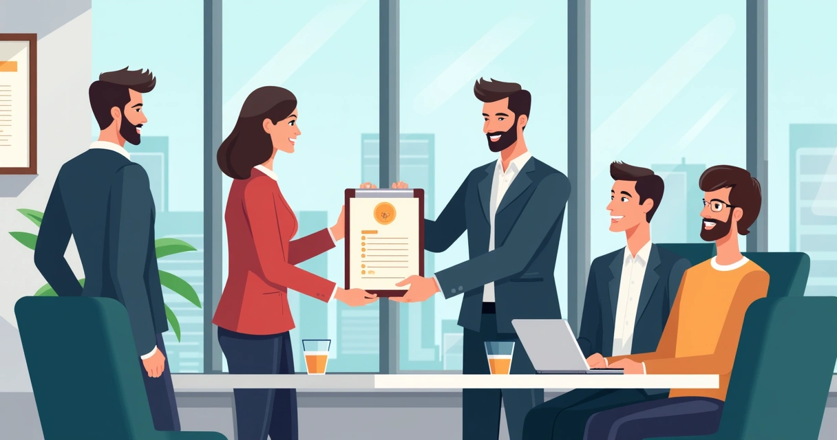 Profissional entregando placa personalizada em escritório paulistano