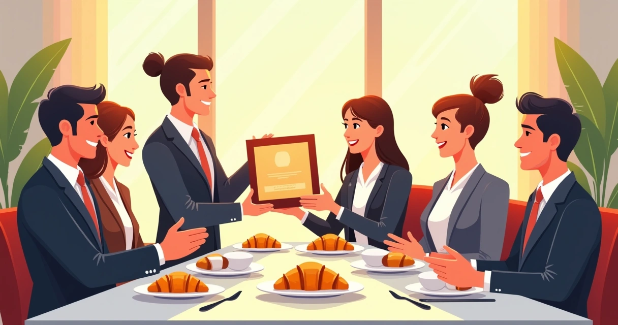 Equipe de vendas recebe placas personalizadas durante café da manhã corporativo 