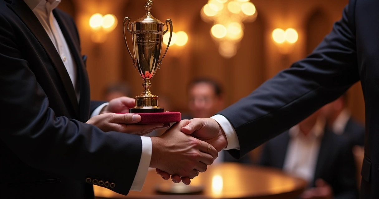 Entrega de troféu personalizado em evento corporativo 