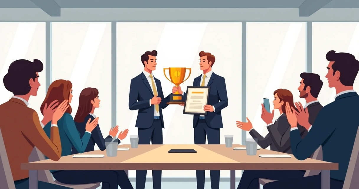 Entrega de premiação empresarial com equipe comemorando 