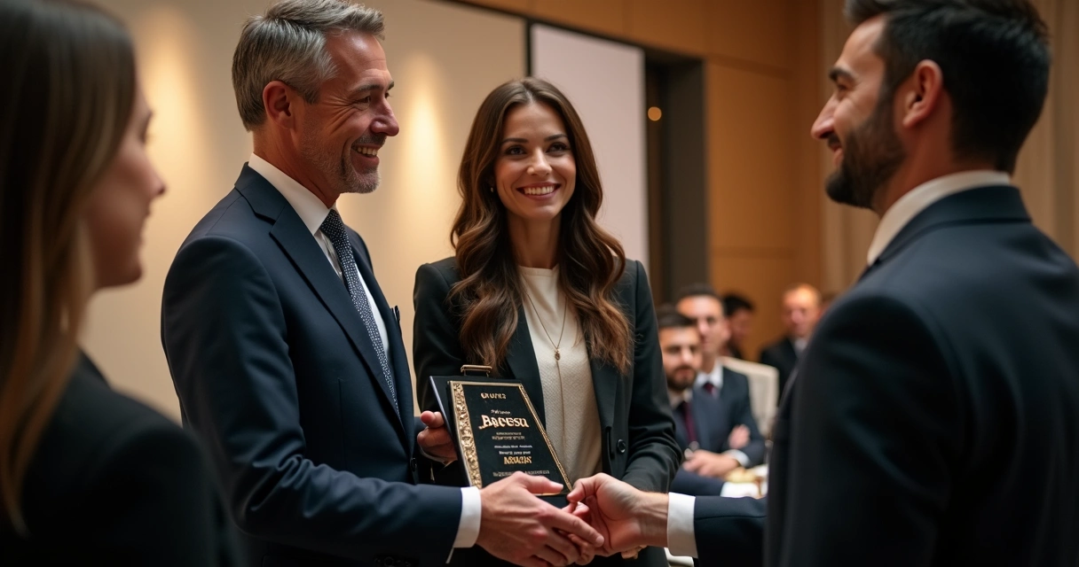 Gestor entregando placa de reconhecimento para vendedor em evento da empresa 