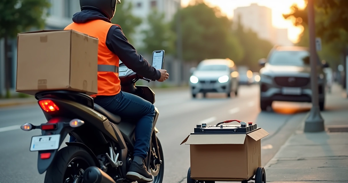 Motoboy usando app para conferir entrega de bateria de carro na calçada 