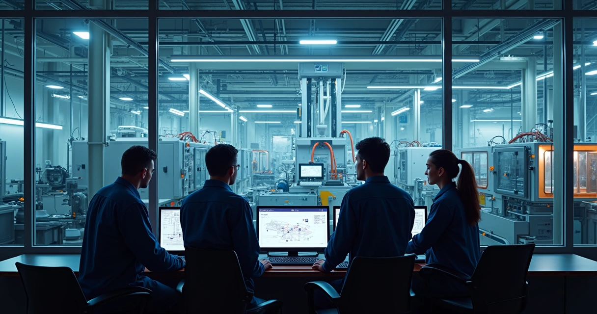 Equipe industrial analisando nova linha de produção 