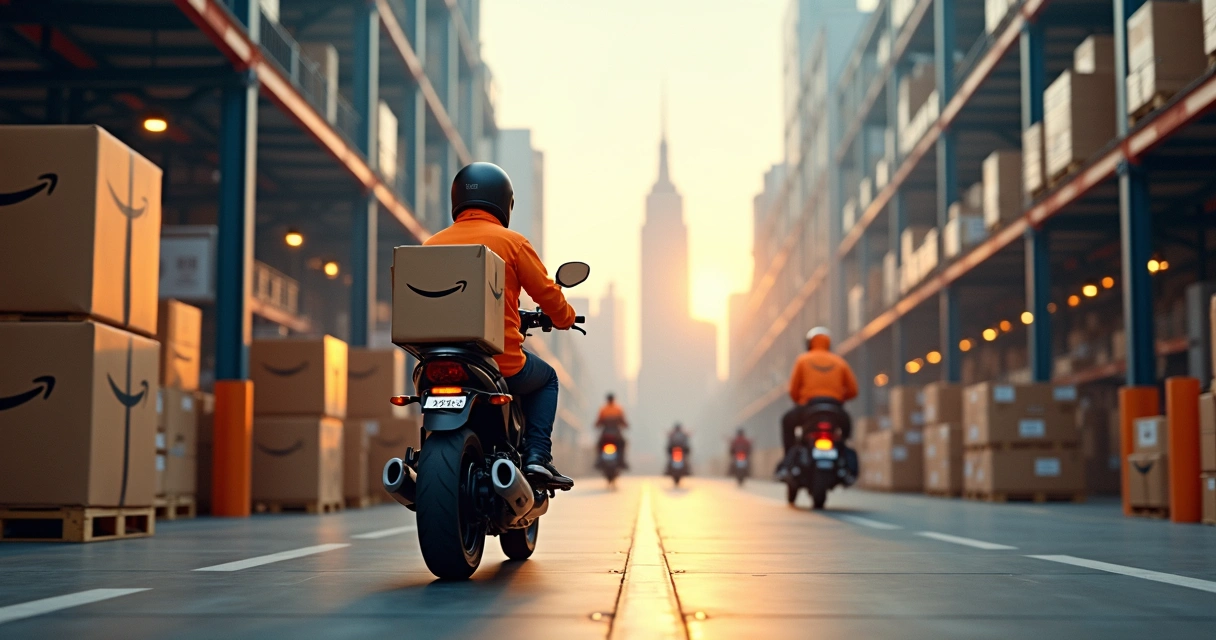 Motociclista com mochila de entrega saindo de armazém da Amazon