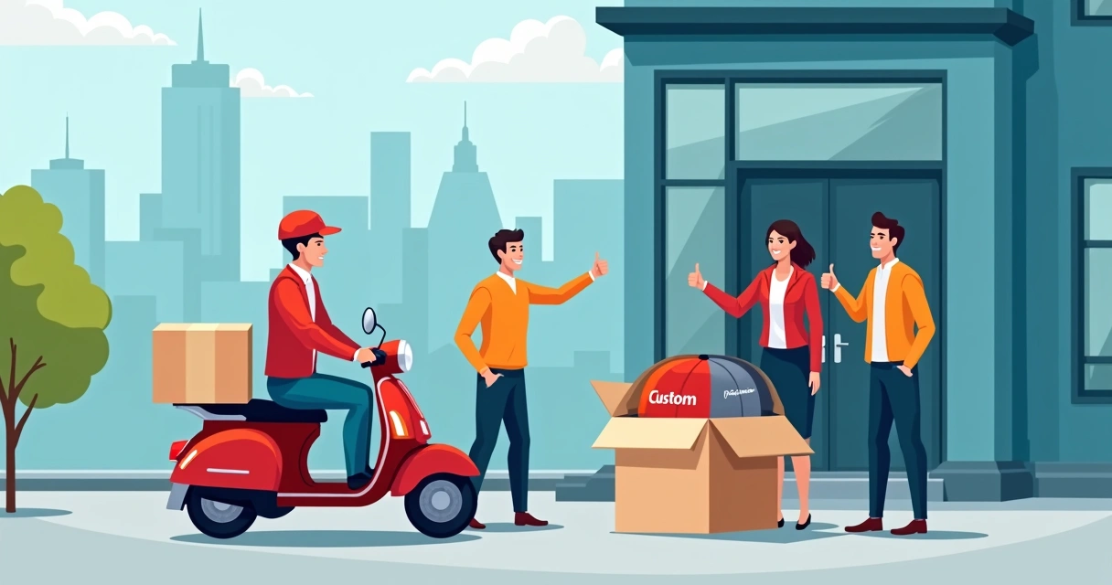 Moto entregador recebendo caixa de bonés personalizados com equipe comemorando ao fundo 