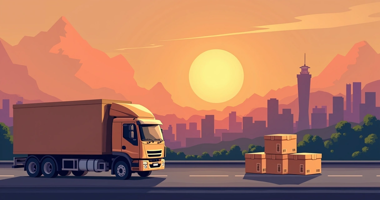 Caminhão de entrega chegando a uma cidade brasileira ao pôr do sol 