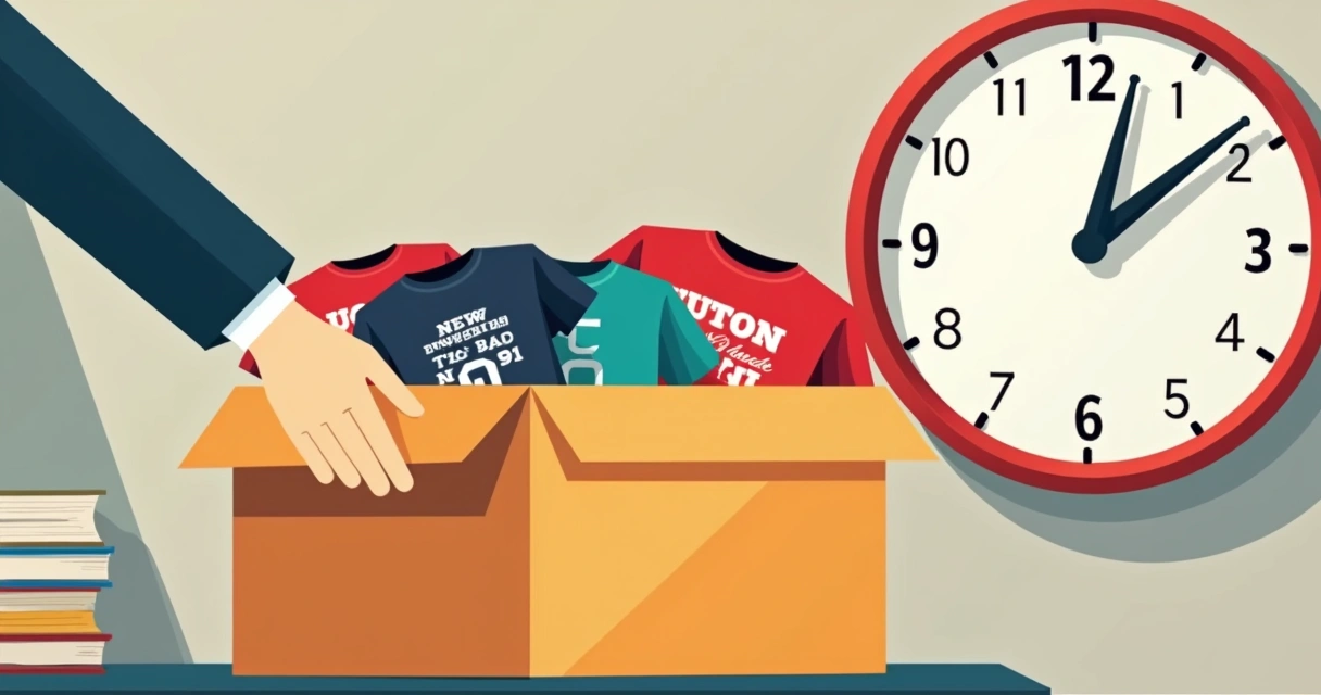 Mão entregando uma caixa de camisetas personalizadas, relógio ao fundo indicando agilidade 