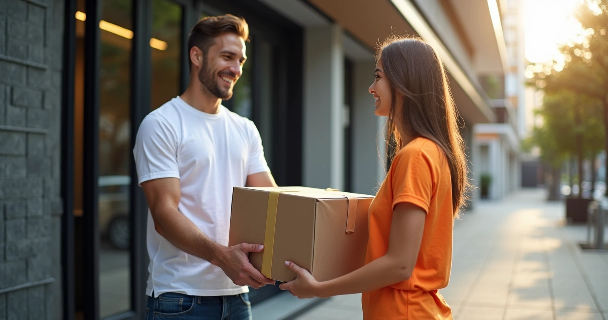 Pacotes de camisetas personalizadas sendo entregues na porta de uma empresa 