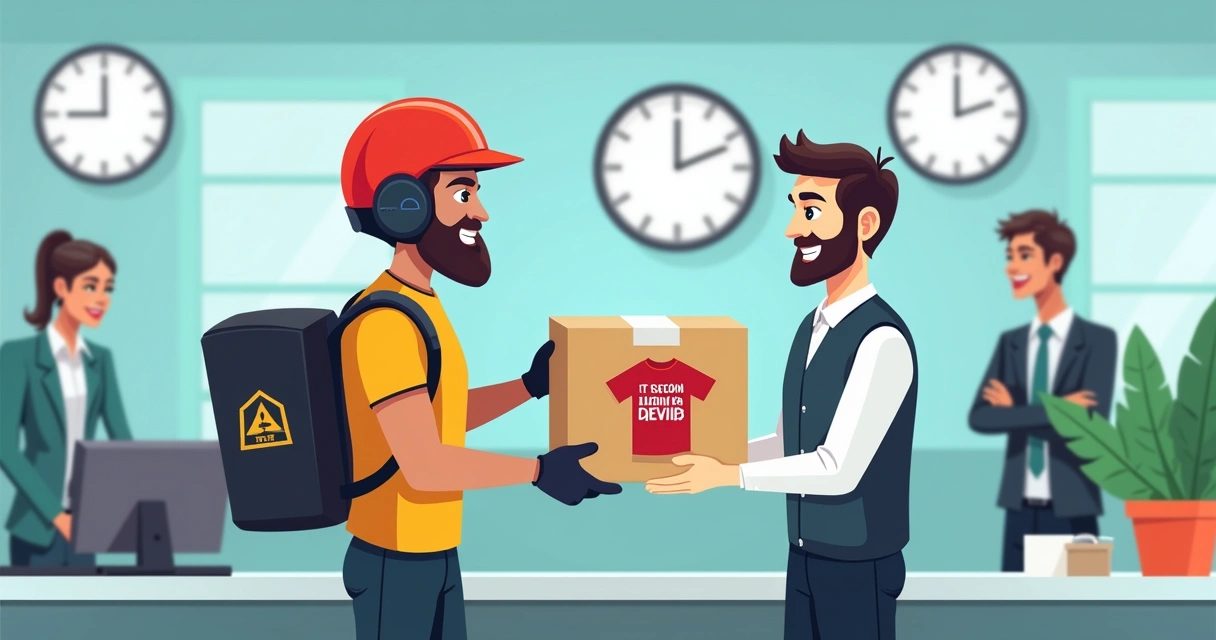 Motoboy entregando camiseta personalizada em escritório