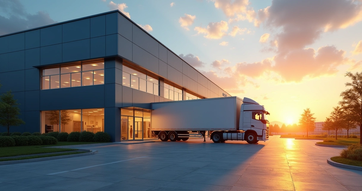 Caminhão de entrega saindo de centro de distribuição moderno 