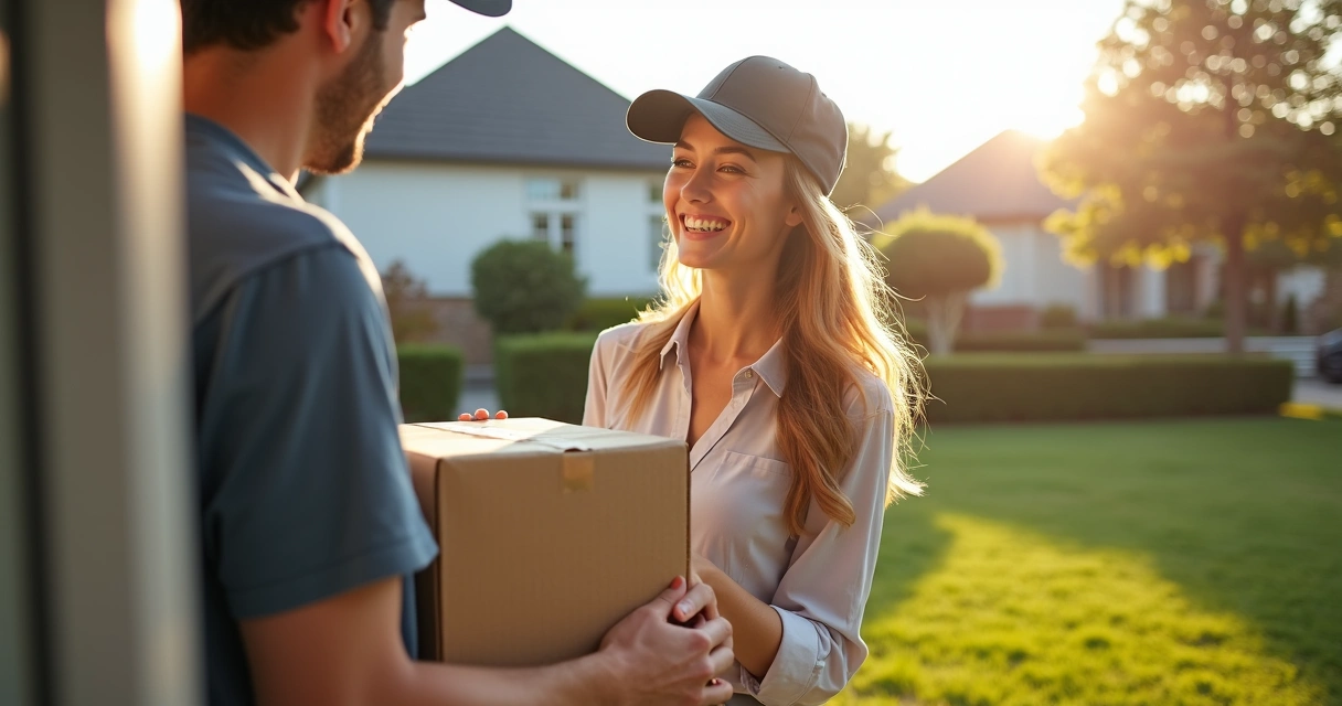 Cliente recebendo pacote em casa com sorriso e entregador feliz 