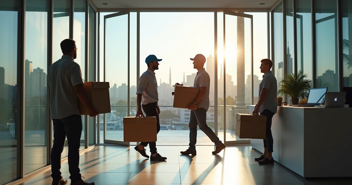 Equipe entregando notebooks para empresa de tecnologia