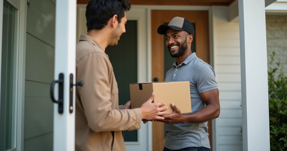 Caixa pequena sendo entregue na porta por entregador, cliente recebe sorrindo