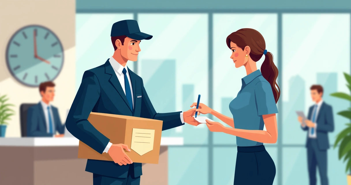 Motoboy entregando rapidamente uma placa de reconhecimento na recepção da empresa. 