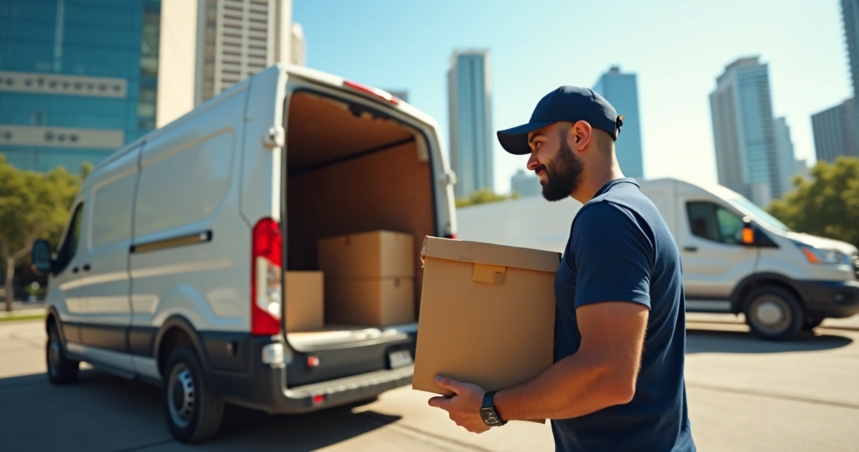 Funcionário colocando caixas em uma van de entrega em São Paulo 
