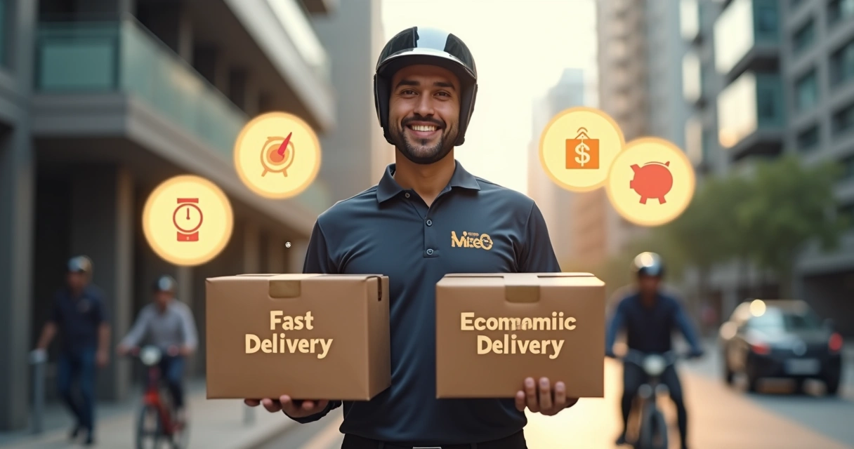 Entregador segurando duas caixas de comida, uma representando entrega rápida e outra entrega econômica, com fundo urbano e digital moderno 