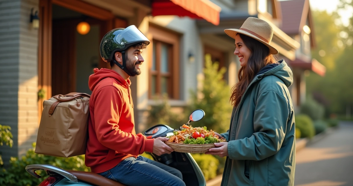 Motoboy entregando pedido de restaurante para cliente em porta de casa