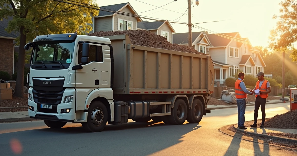 Caminhão coletando caçamba cheia em frente a obra 