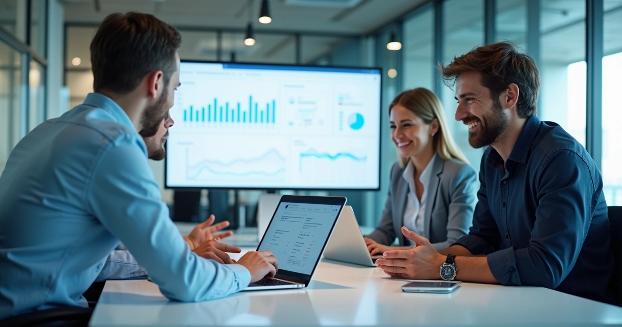 Equipe entregando software personalizado para cliente em ambiente de escritório 