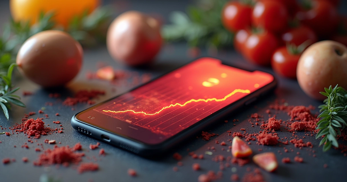 Mesa com smartphone mostrando aplicativo de delivery com gráfico crescente, pratos variados ao redor e elementos digitais ao fundo 