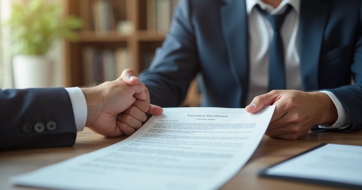 Cliente recebendo documento traduzido de tradutor em escritório. 