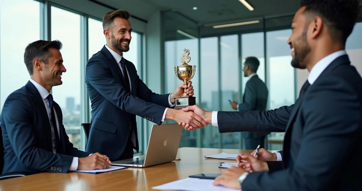 Entrega de troféu corporativo personalizado entre executivo e colaborador em reunião formal, ambos sorrindo, sala de reunião moderna. 