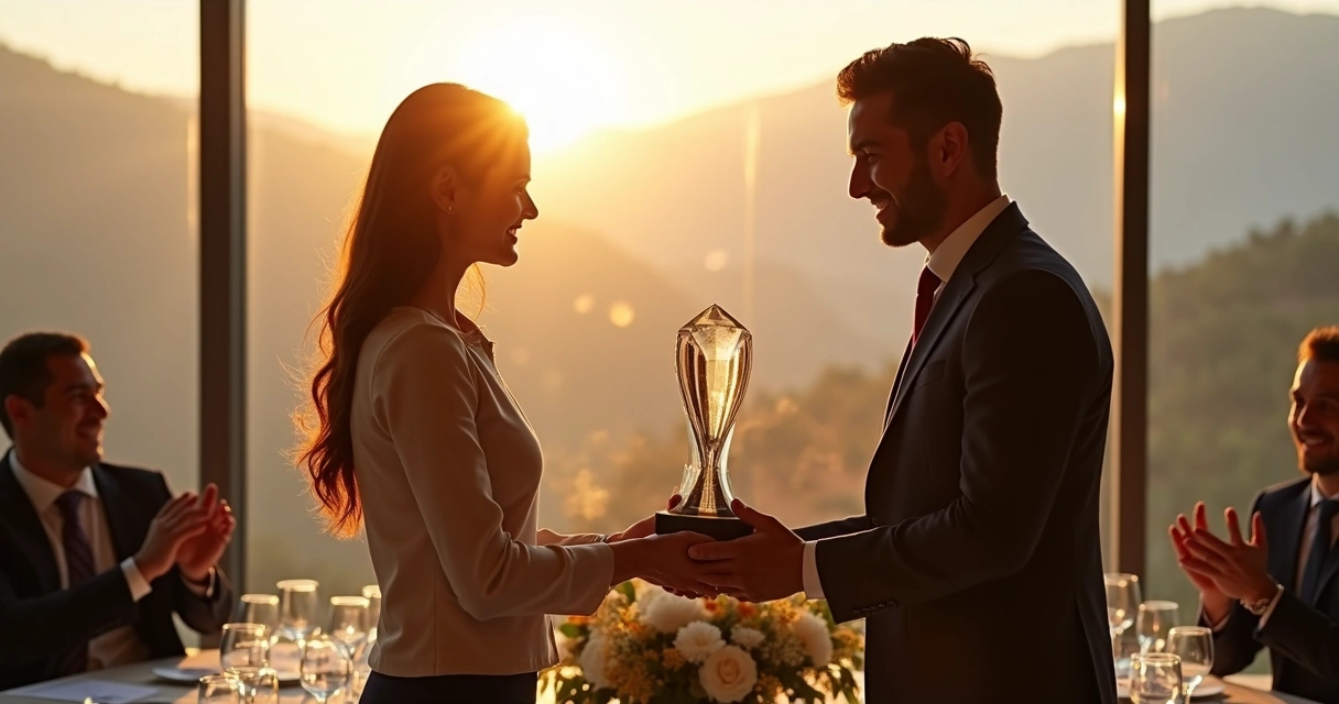 Entrega de troféu personalizado a colaborador em evento empresarial em Minas Gerais 