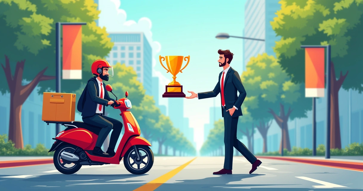 Entrega rápida de troféu de acrílico por motoboy em ambiente urbano 