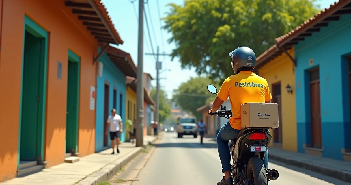 Entrega de última milha em cidade do Nordeste brasileiro, motoboy com pacote pequeno