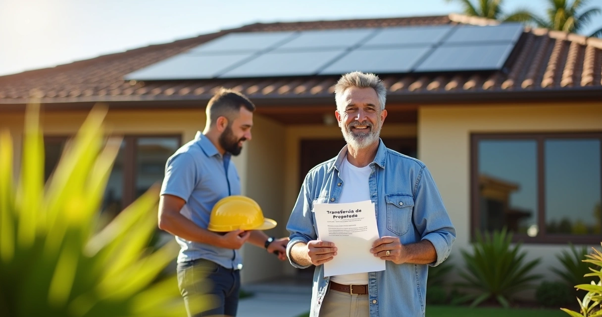 Cliente recebendo a posse de um sistema de energia solar instalado no telhado após 15 anos 