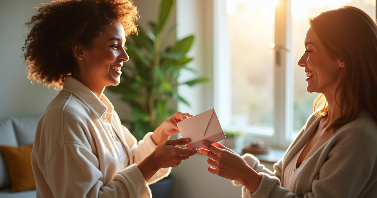 Pessoa entregando envelope de vale-presente de spa para amigo 