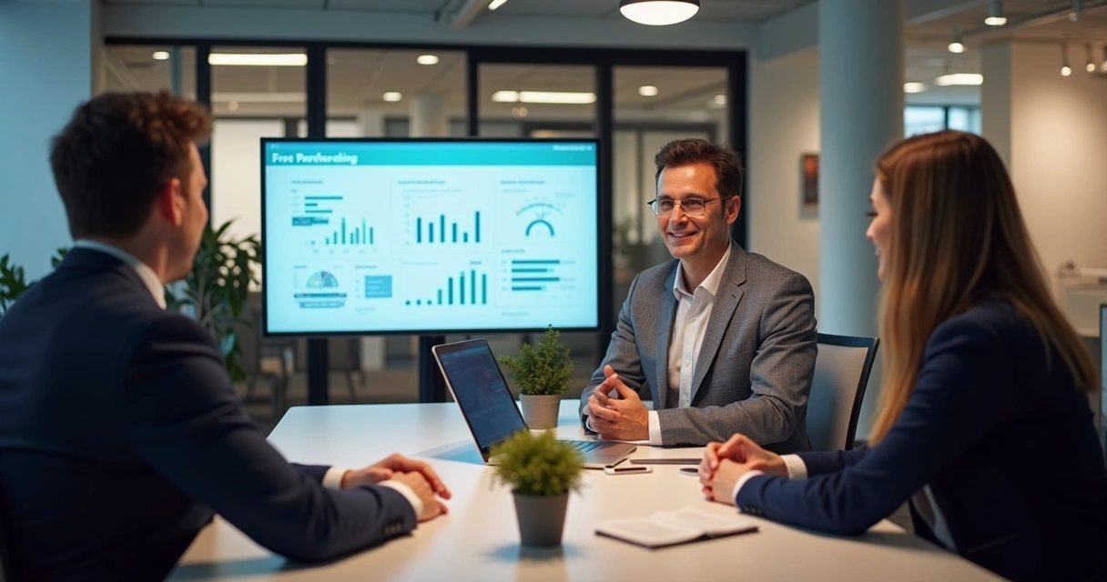 Equipe apresentando um dashboard para um cliente em sala de reunião 