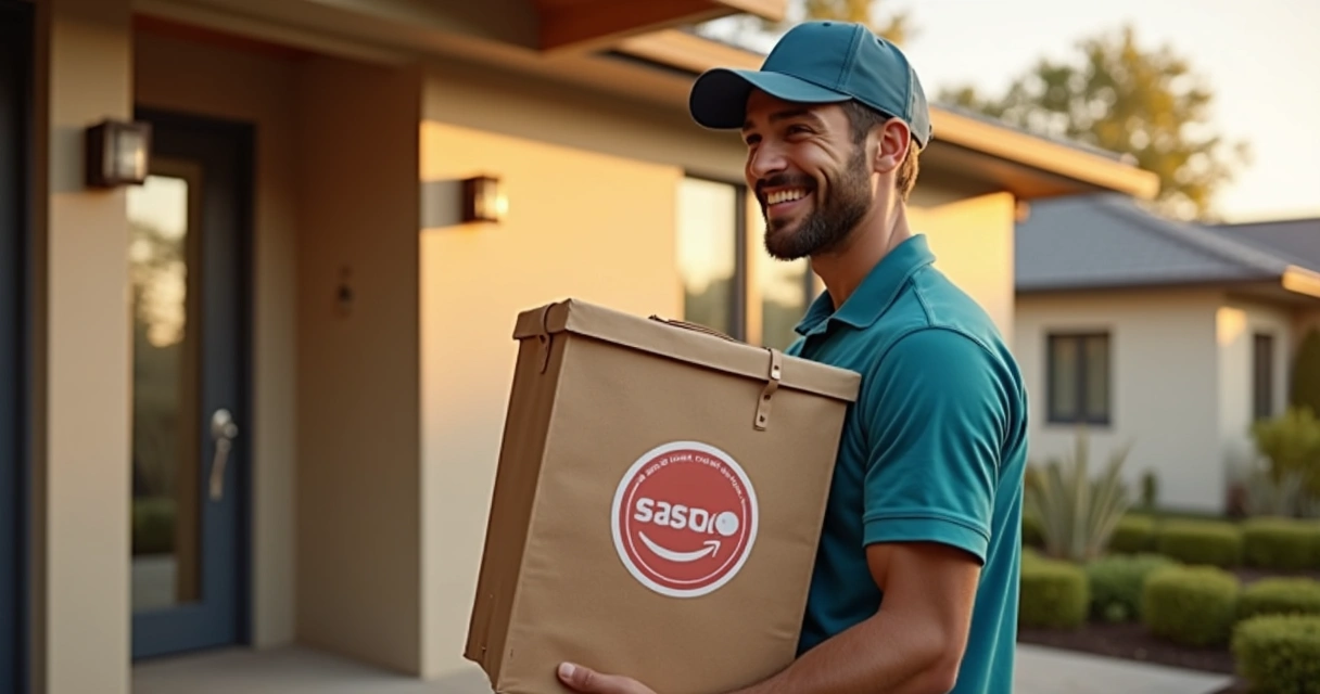 Entregador com mochila de delivery em frente a uma casa 