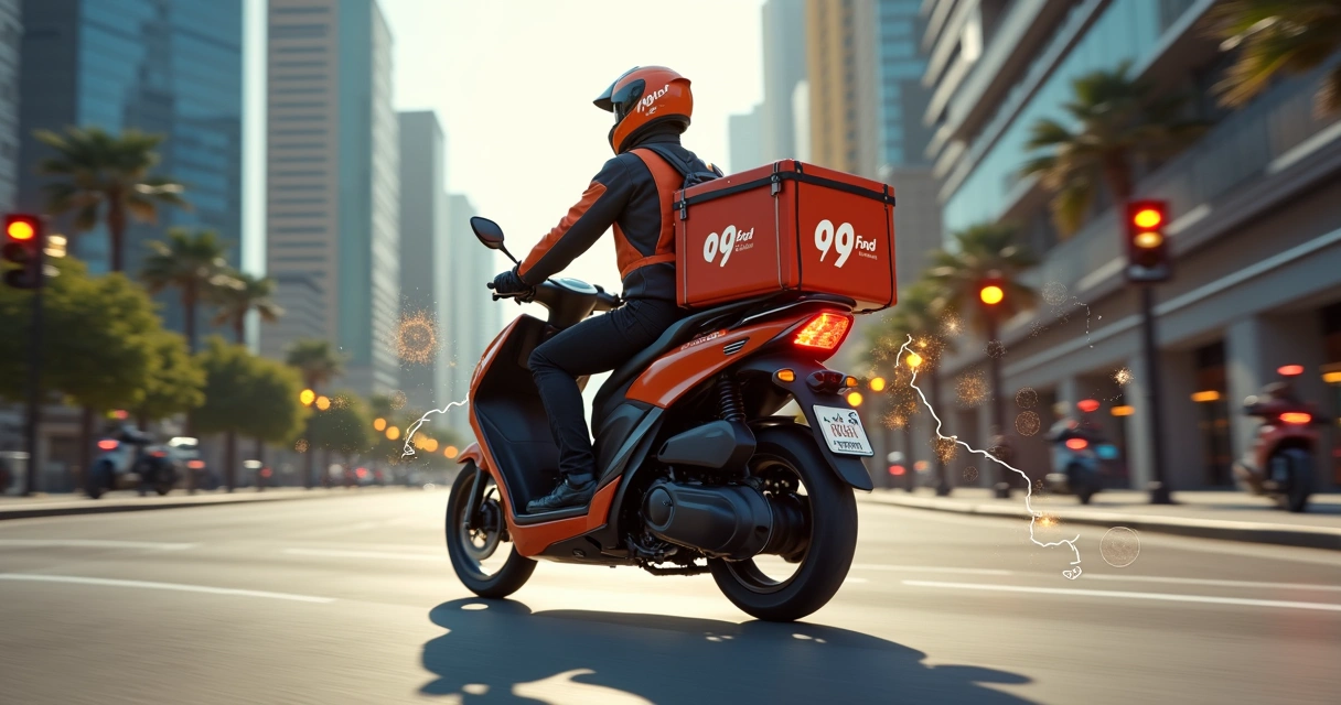 Entregador da 99Food em moto pela cidade com tecnologia e mapa digital no fundo 