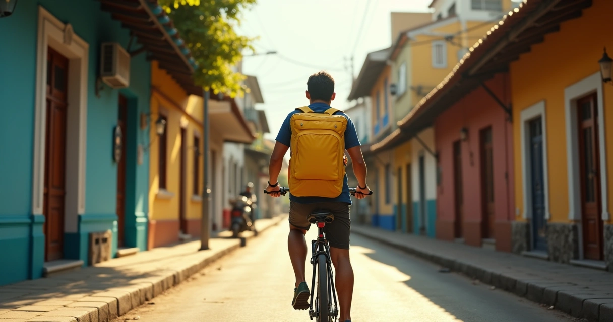 Entregador de aplicativo pedalando bicicleta em rua urbana 