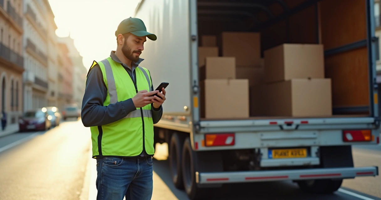 Entregador de aplicativo ao lado de caminhão de entregas. 